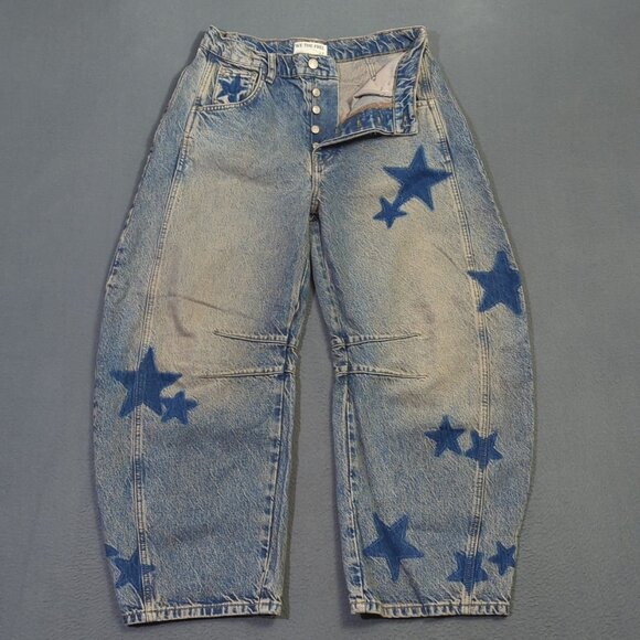 We The Free Denim - We The Free Jeans Women's 27 Blue Shadow Patch Good Luck Mid-Rise Barrel Denim